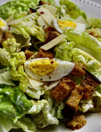 Spicy Horseradish Ceasar Salad with Parmesan, Eggs, and Croutons