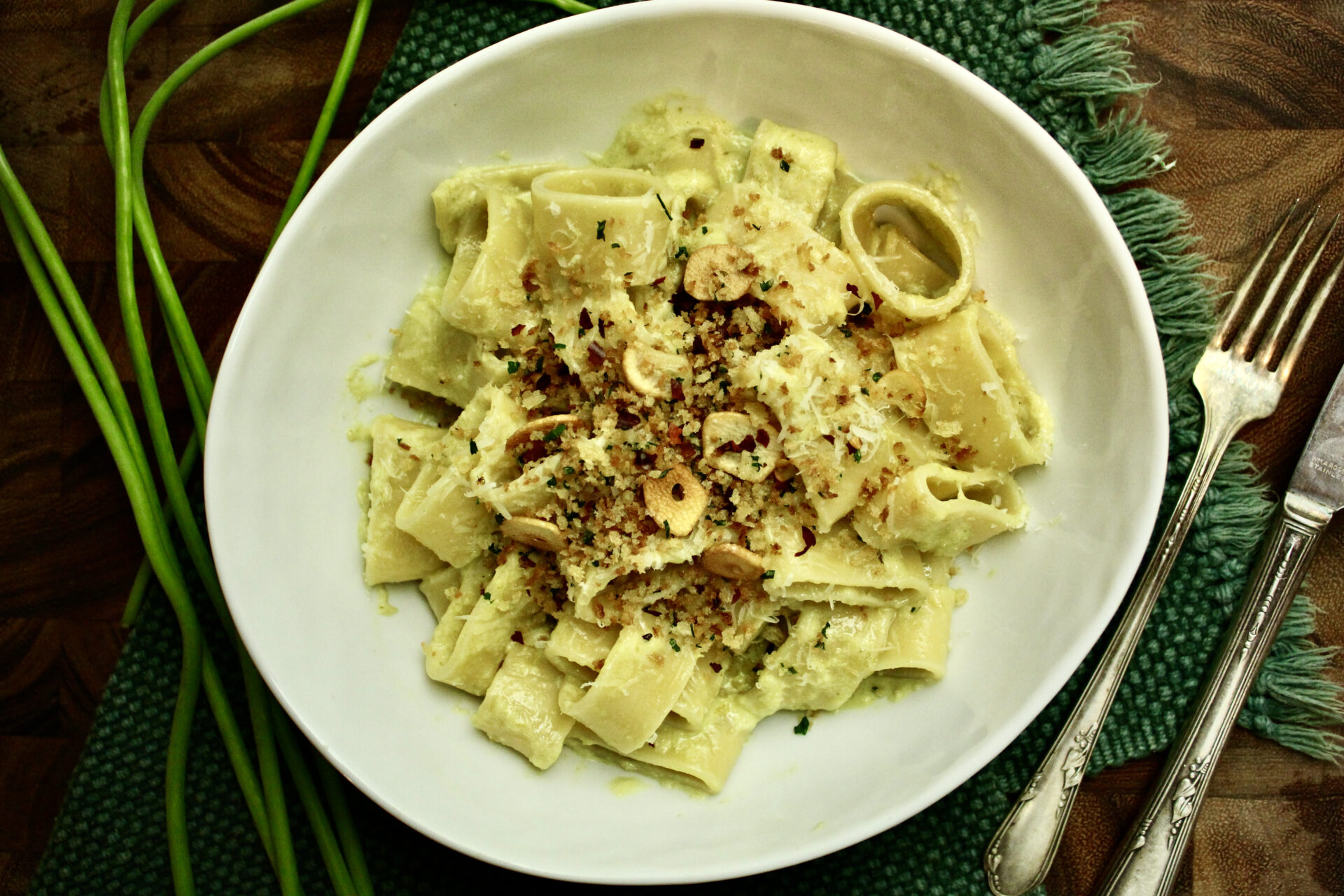 This Garlic Scape Pasta is creamy, mildly garlicky, and so delicious. If you can find garlic scapes at the farmers market, you must try garlic scape pasta!