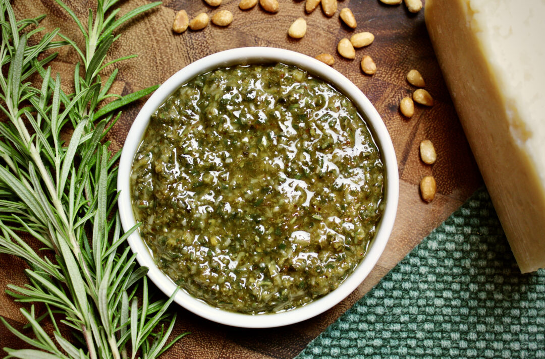 Rosemary Pesto Recipe | Made with rosemary, pine nuts, parmesan cheese, garlic, olive oil, and a little salt.