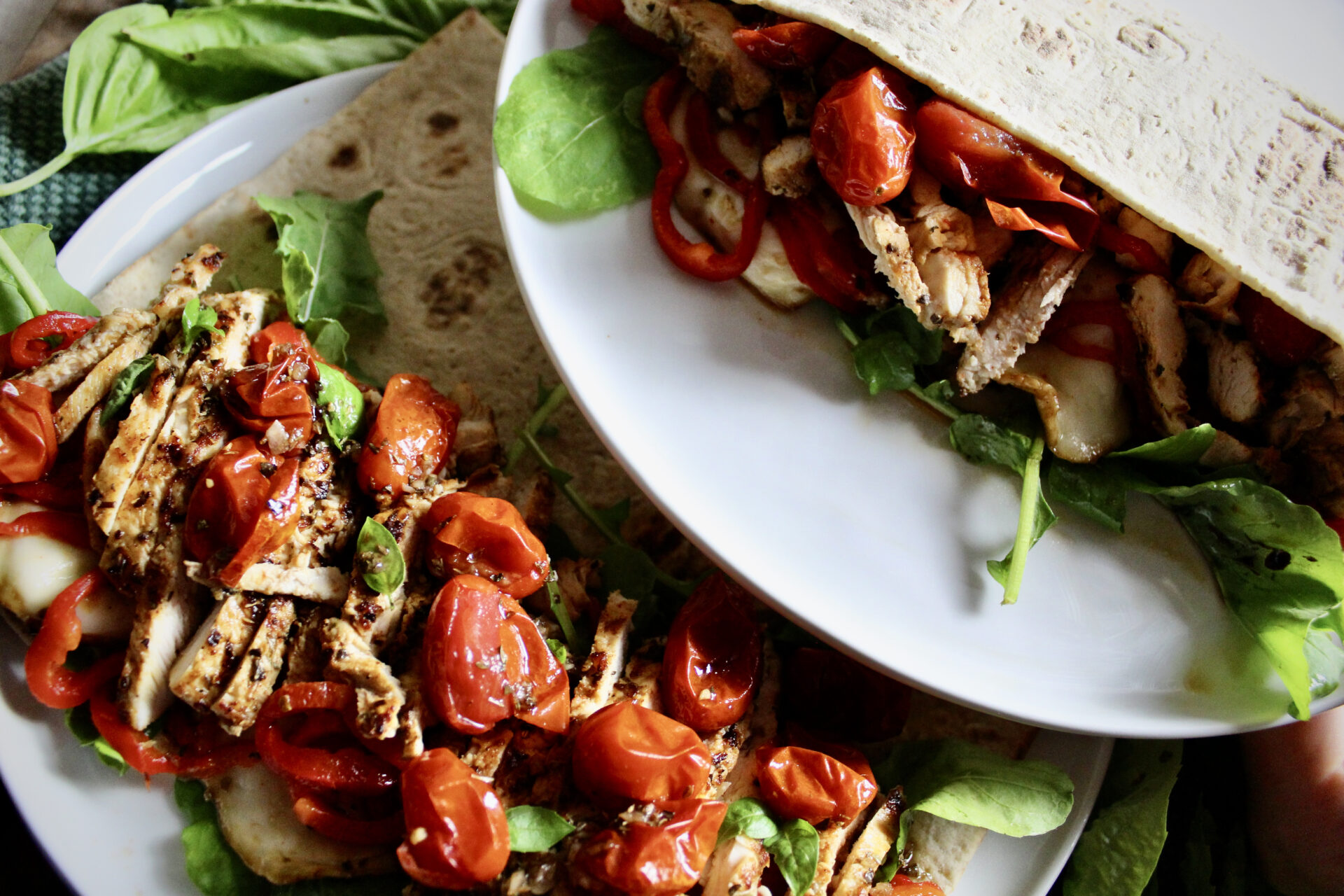 Chicken Caprese Wrap with seasoned with Balsamic Vinaigrette--perfect for a quick and healthy dinner or meal prep.