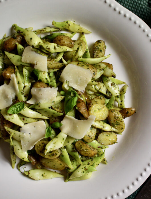 Pesto Potatoes & Beans - sautéed potatoes and beans tossed in a lovely basil pesto. A perfect summer side dish.