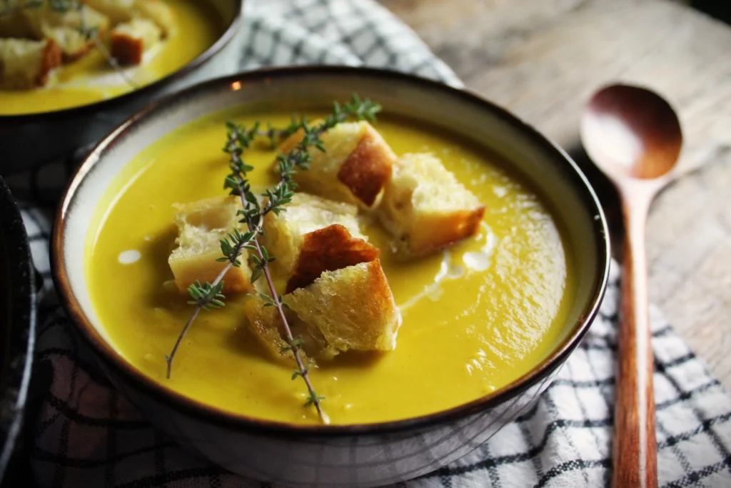 Velvety smooth Parsnip Soup with Roasted Chicken and Homemade Croutons.