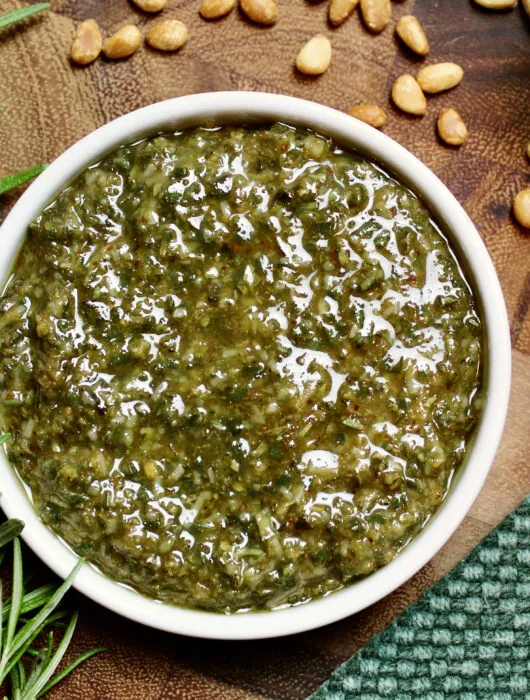 Rosemary Pesto Recipe | Made with rosemary, pine nuts, parmesan cheese, garlic, olive oil, and a little salt.